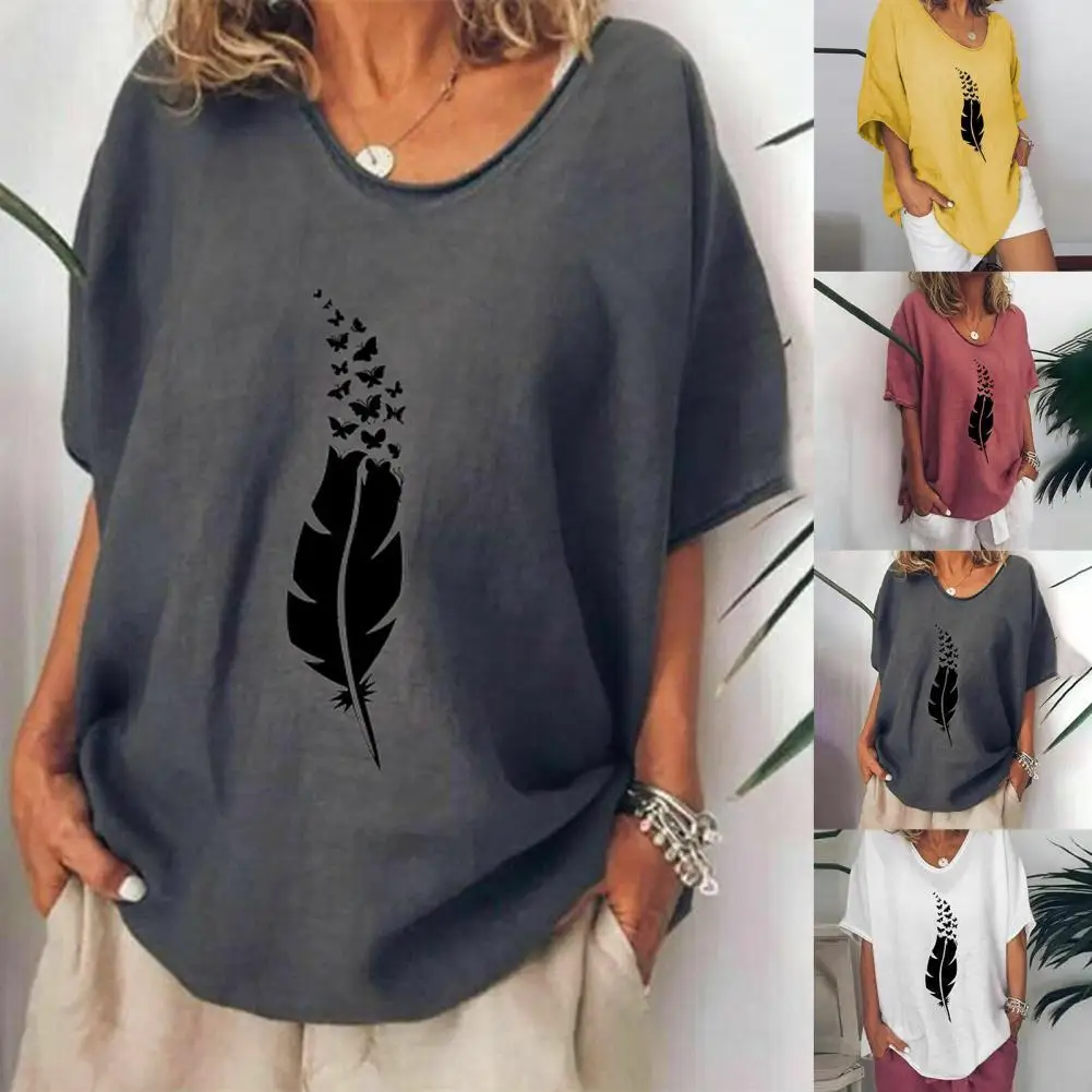 Women T-shirt Feather Butterflies Print Batwing Sleeve Summer Solid Color Round Neck All Match Blouse for Dating
Women T-shirt Feather Butterflies Print Batwing Sleeve Summer Solid Color Round Neck All Match Blouse for Dating