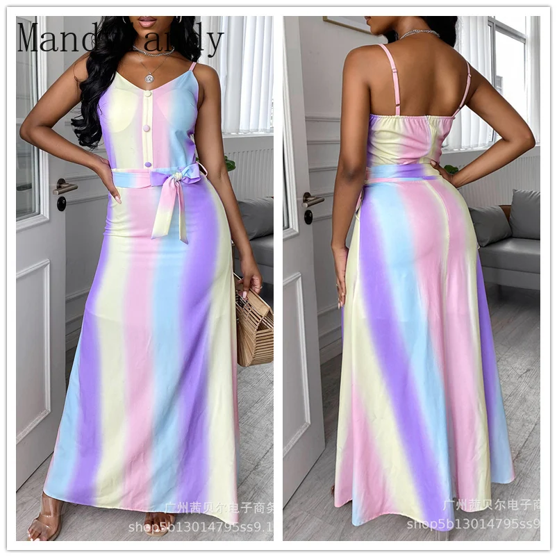 Mandylandy Women's Elegant Rainbow Long Dress Lady Sexy Fashion Sleeveless V Neck Halter High Waist Corset Lace Up Dress
Mandylandy Women's Elegant Rainbow Long Dress Lady Sexy Fashion Sleeveless V Neck Halter High Waist Corset Lace Up Dress