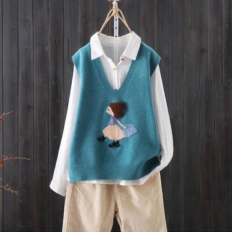 Loose V-neck Knitted Sweater Vest Female Cartoon Embroidery Pattern Sleeveless Simple Commuter Fashion Sweater Vest Women Spring
Loose V-neck Knitted Sweater Vest Female Cartoon Embroidery Pattern Sleeveless Simple Commuter Fashion Sweater Vest Women Spring