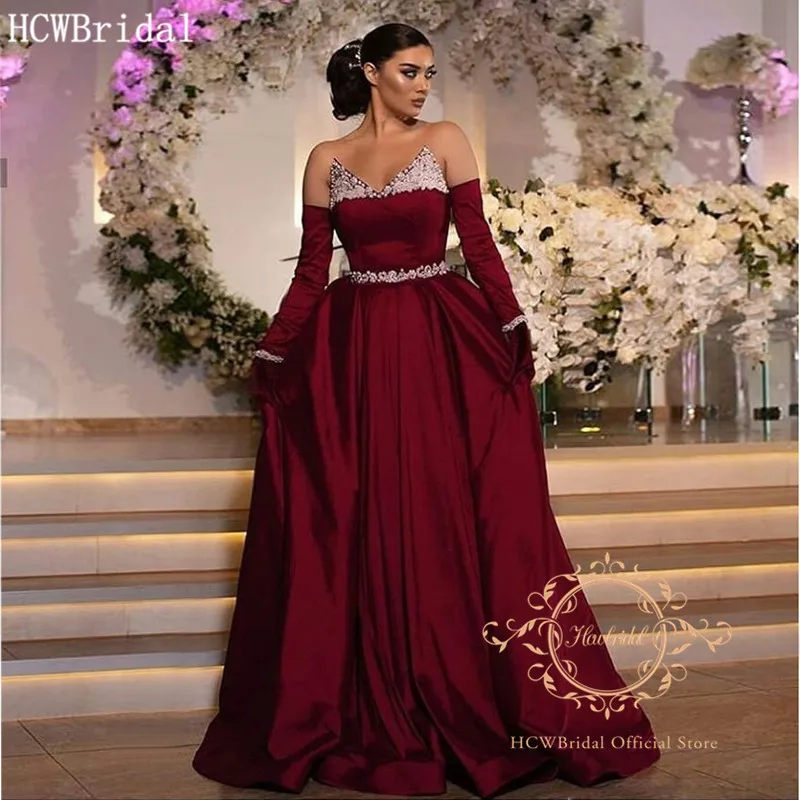 

Long Sleeves Burgundy Arabic Evening Dress Glitter Crystals Sashes Sweetheart Long Formal Dresses For Women Robe De Soiree New