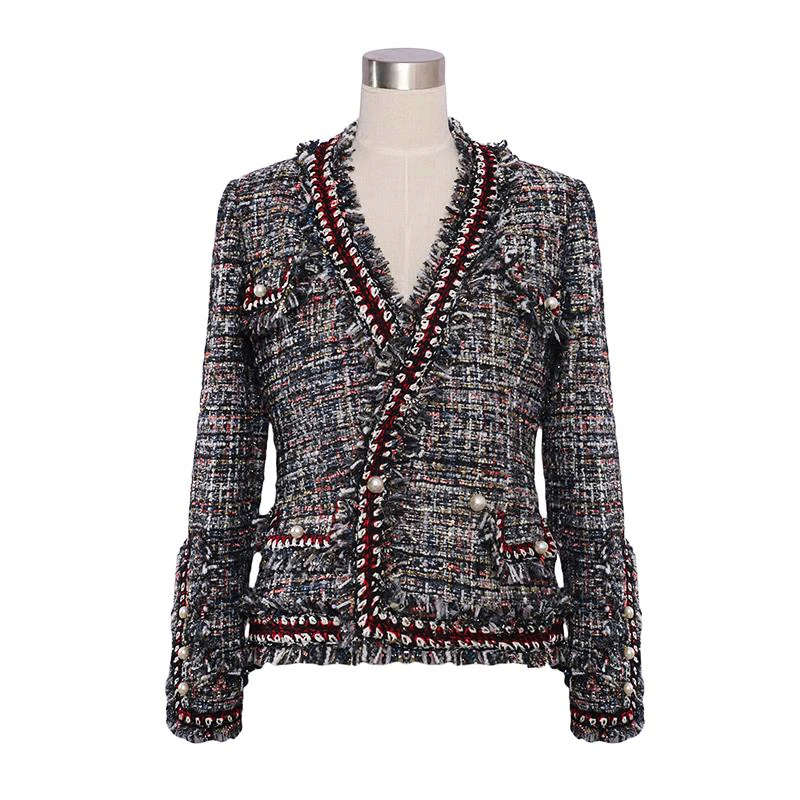 Tweed jacket high quality spring/autumn / winter jacket coat knitted bordered pearl button small ladies long-sleeve short jacket