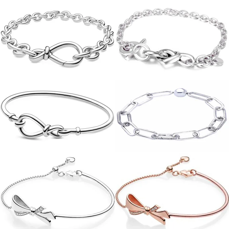 

Chunky Infinity Knotted Heart-embellished T-clasp Me Link Pattern Bracelet Fit fashion 925 Sterling Silver Charm DIY Jewelry