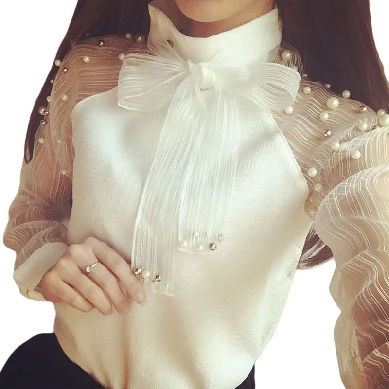 

2018 Nova elegante organza arco de blusa branca chiffon camisa casual mulheres longas da luva blusas tops blusas femininas