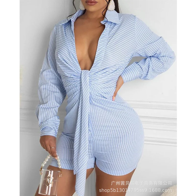 Mandylandy Women's V-Neck Holiday Short Playsuits Ladies Striped Turn Down Collar Ruched Belt Romper Jumpsuit
Mandylandy Women's V-Neck Holiday Short Playsuits Ladies Striped Turn Down Collar Ruched Belt Romper Jumpsuit