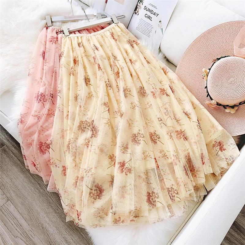 Meyooe Women Midi Skirt Spring Summer Mesh Floral Print High Waist Boho For Femme | Женская