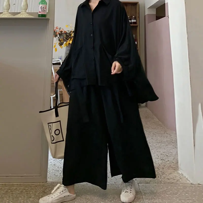 XITAO Two Pieces Set Women Black Single Breasted Full Sleeve Pocket Top Pleated Elastic Waist Length Pants 2020 DMY3409 | Женская одежда