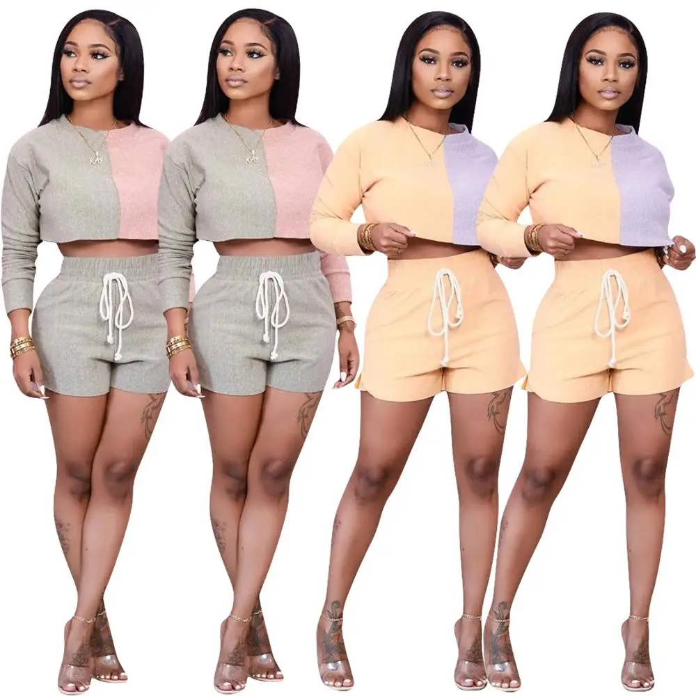 Women Contrast Color Patchwork Tracksuits Outfits Casual Lady O-neck Crop Tops High Waist Lace-Up Biker Shorts Two Piece Sets
Women Contrast Color Patchwork Tracksuits Outfits Casual Lady O-neck Crop Tops High Waist Lace-Up Biker Shorts Two Piece Sets