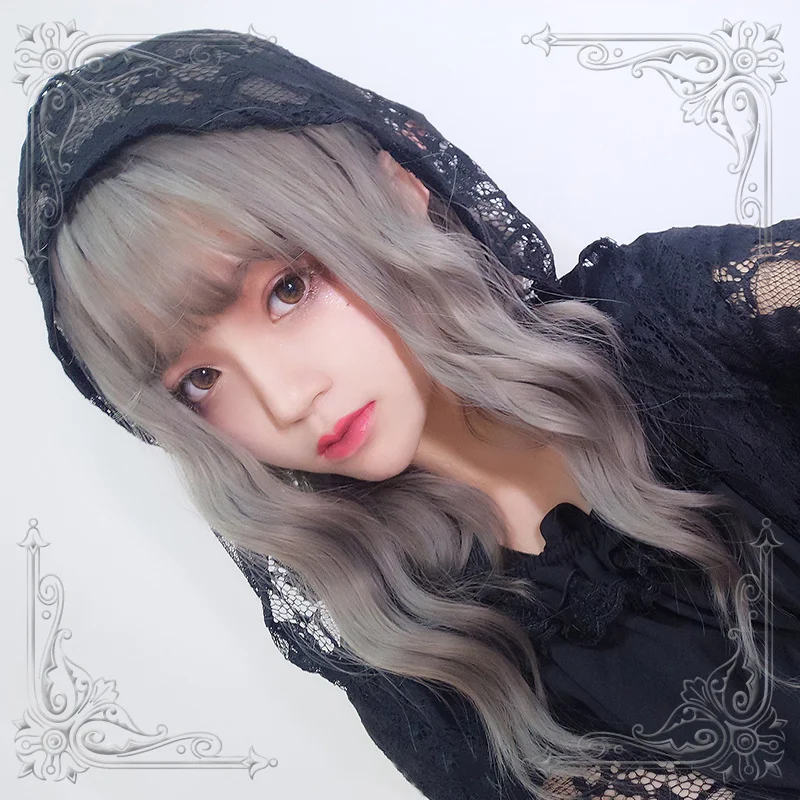 

High Quality Lolita Aoki Flax Gray Daily Girl 40Cm+ Air Bangs Water Wave Wig Cosplay Party