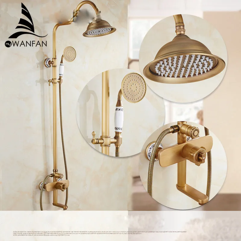 Antique Brass Bathroom Shower Faucet Set Wall Mounting Double Handle With Hand Shower Shelf Brass Bathroom Shower Mixer 877883
Antique Brass Bathroom Shower Faucet Set Wall Mounting Double Handle With Hand Shower Shelf Brass Bathroom Shower Mixer 877883