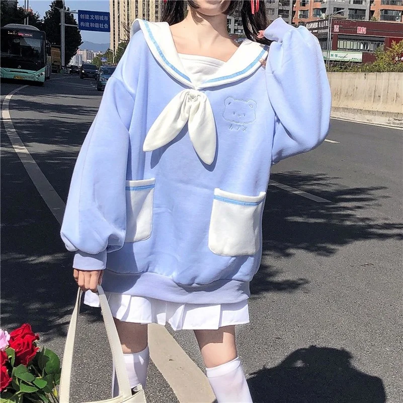 Women Casual Sweatshirt Bowknot Tie Sailor Collar Bear Embroidery Kawaii Hoodies Japanese Preppy Style JK Student Bestie Clothes
Women Casual Sweatshirt Bowknot Tie Sailor Collar Bear Embroidery Kawaii Hoodies Japanese Preppy Style JK Student Bestie Clothes