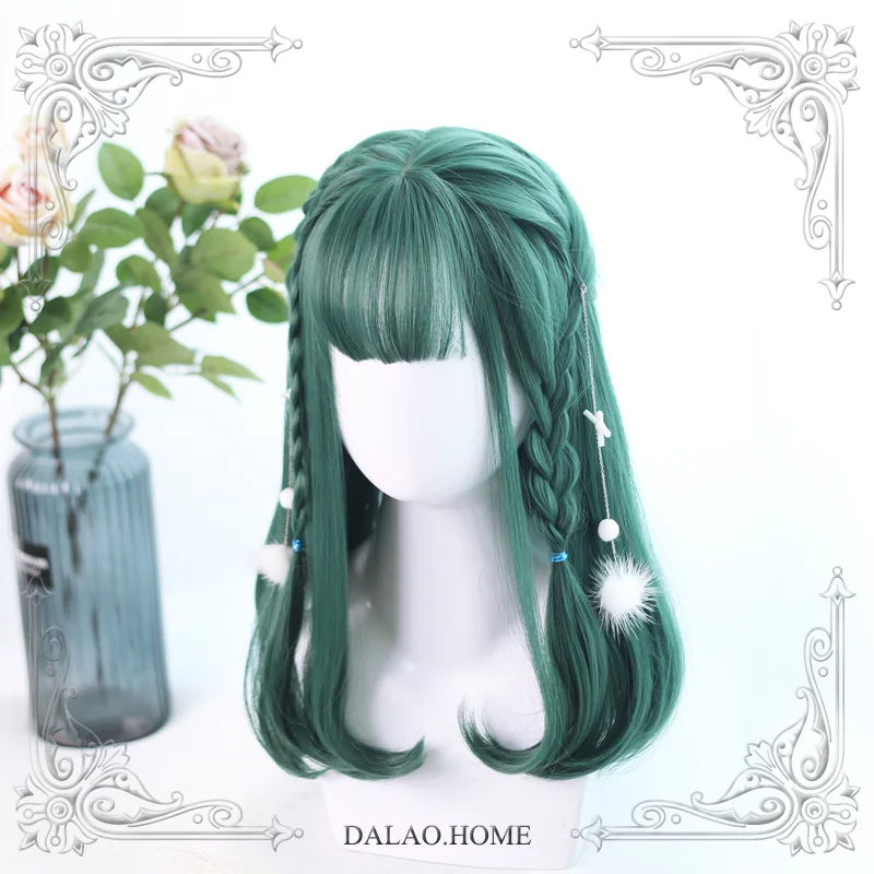 

High Quality Harajuku Soft Girl Lolita Cheryl 40Cm+ Bangs Atrovirens Wig Costume Party