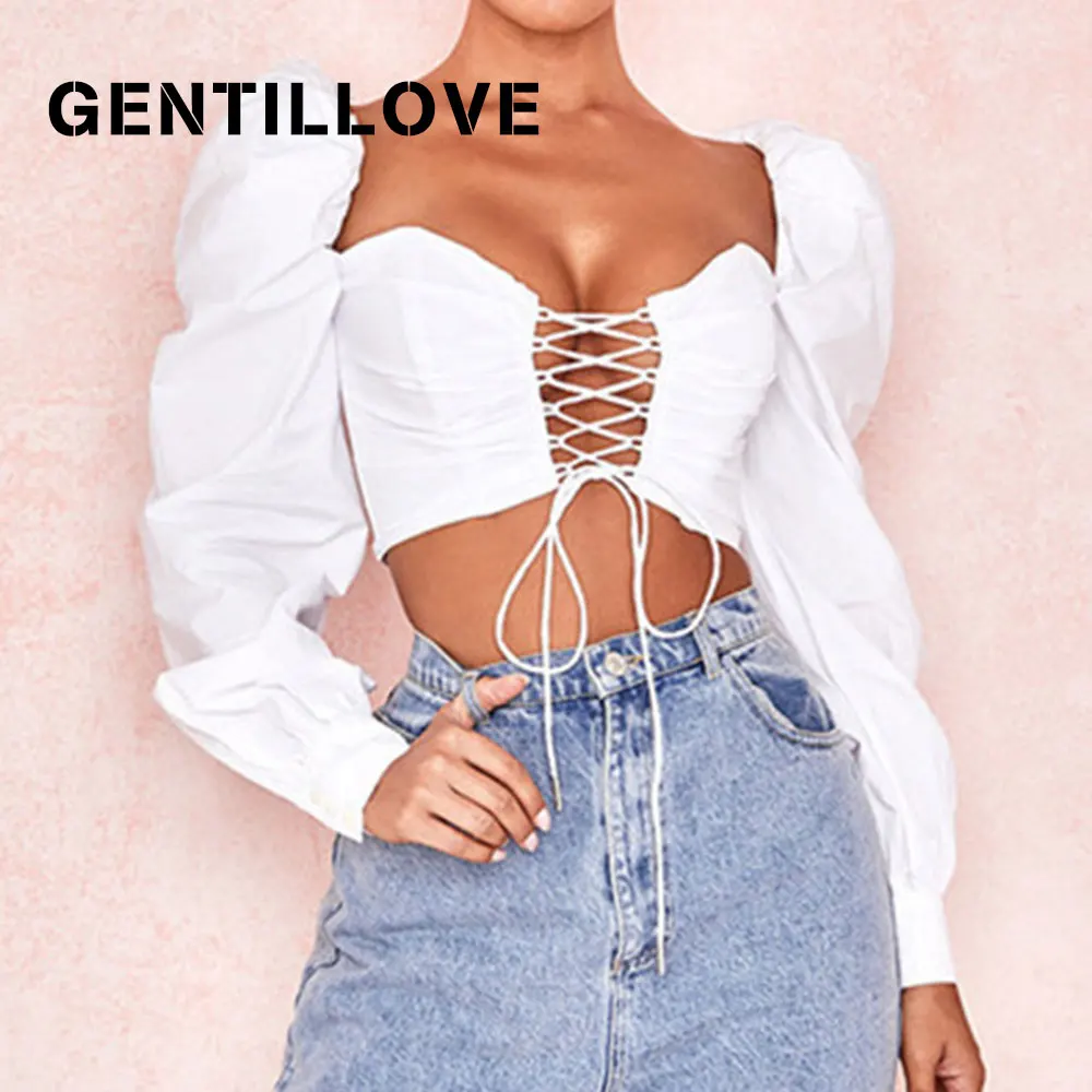 Sexy Lace Up Women's Shirt Cropped Puff Long Sleeve Tunic Square Neck Tops Tee Female Backless White T | Женская одежда