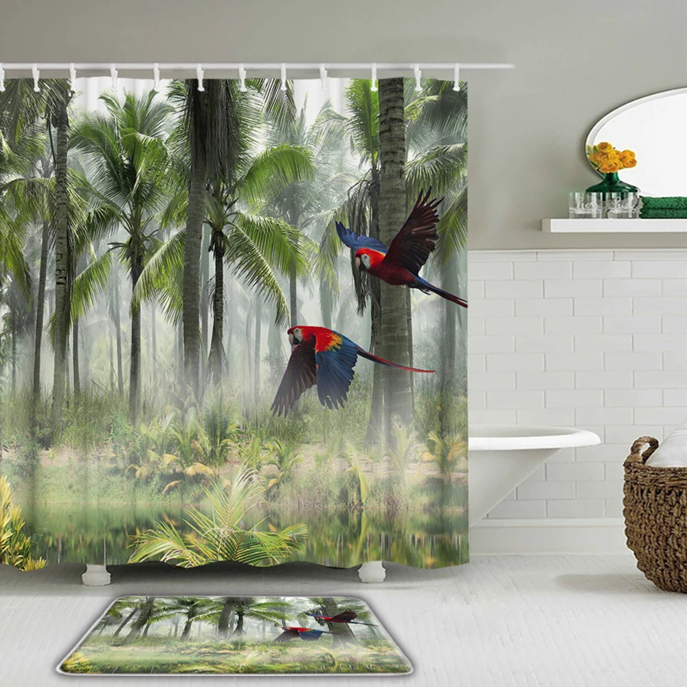 

3D Printed Tropical Plant Birds Waterproof Shower Curtain Bathroom Palm Trees Leaves Non-slip Bath Mat Set Rug Toilet Decor