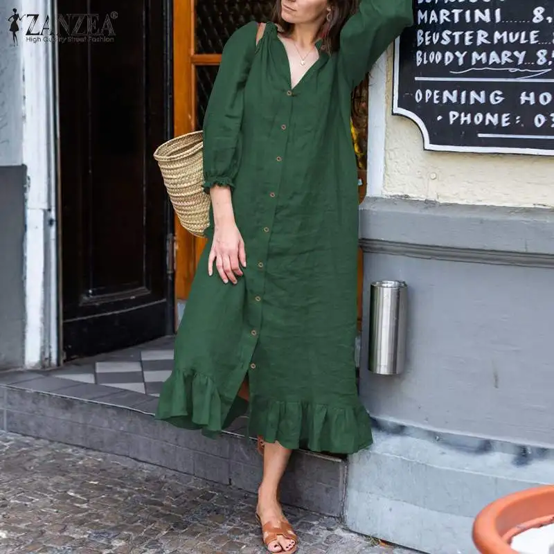 Elegant Button Ruffle Dress Women's Autumn Sundress ZANZEA Casual 3/4 Sleeeve Midi Vestidos Female Solid Robe Femme
Elegant Button Ruffle Dress Women's Autumn Sundress ZANZEA Casual 3/4 Sleeeve Midi Vestidos Female Solid Robe Femme