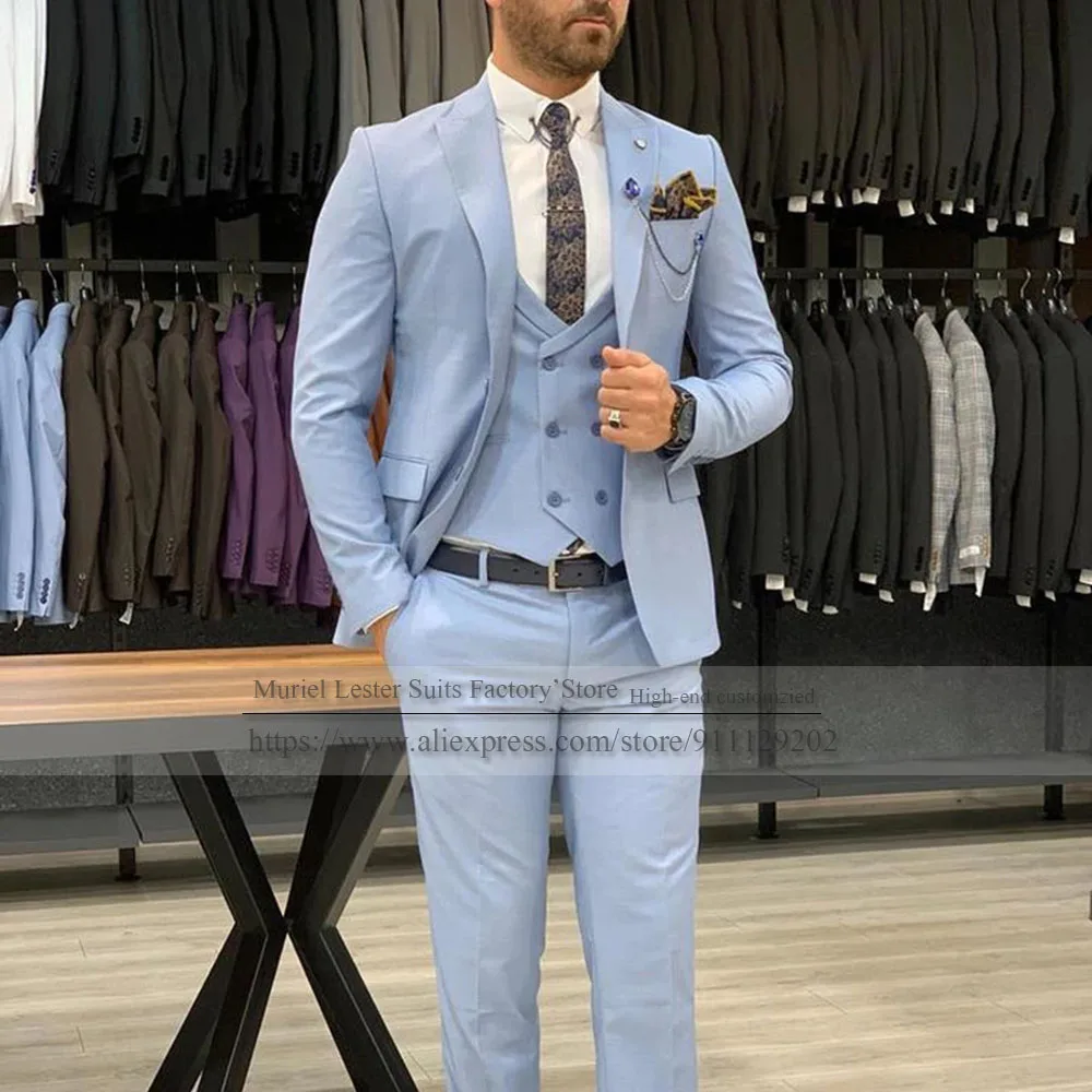 Summer Beach Sky Blue Handsome Wedding Suits Men's 3 Pieces Set Prom Business Blazer&Pants Evening Party Gown Customzied 2021
Summer Beach Sky Blue Handsome Wedding Suits Men's 3 Pieces Set Prom Business Blazer&Pants Evening Party Gown Customzied 2021