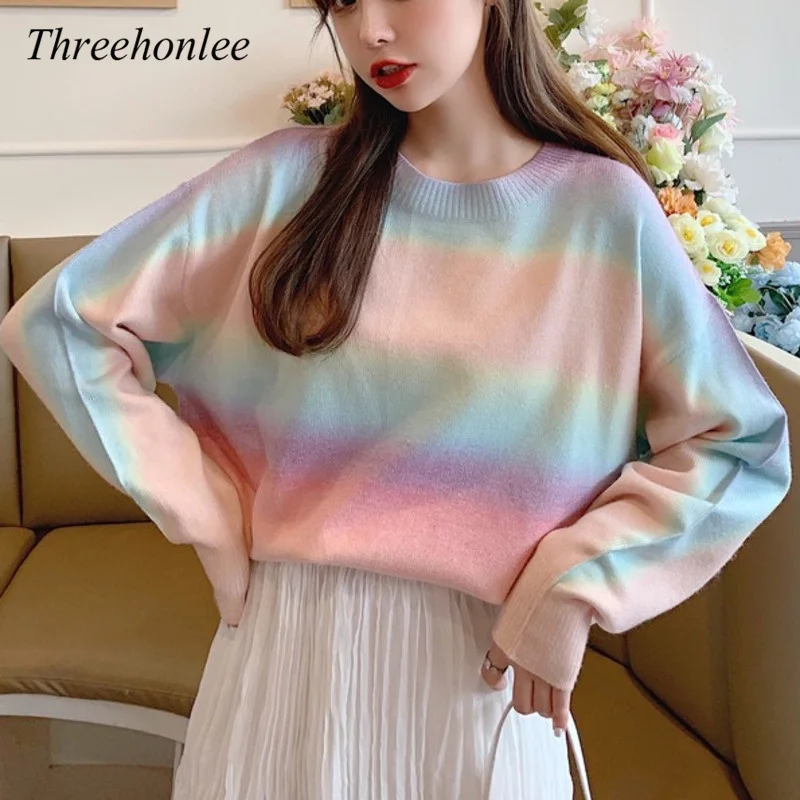 Woman Korean Sweet Sweater Fashion Rainbow Striped Knitted Pullovers Fall 2021 O-neck Long Sleeve Knitwear Tops
Woman Korean Sweet Sweater Fashion Rainbow Striped Knitted Pullovers Fall 2021 O-neck Long Sleeve Knitwear Tops