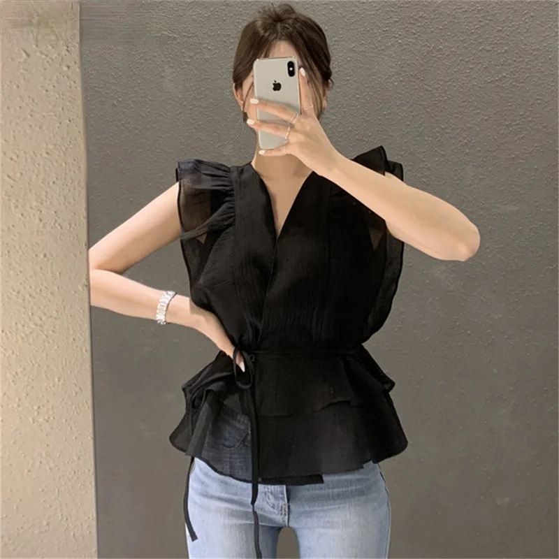 Women Summer Blouse Sleeveless Ruffle Trim V-neck Drawstring Korean Style Blusas Casual Chemise Femme Office Lady Tops Clothes
Women Summer Blouse Sleeveless Ruffle Trim V-neck Drawstring Korean Style Blusas Casual Chemise Femme Office Lady Tops Clothes