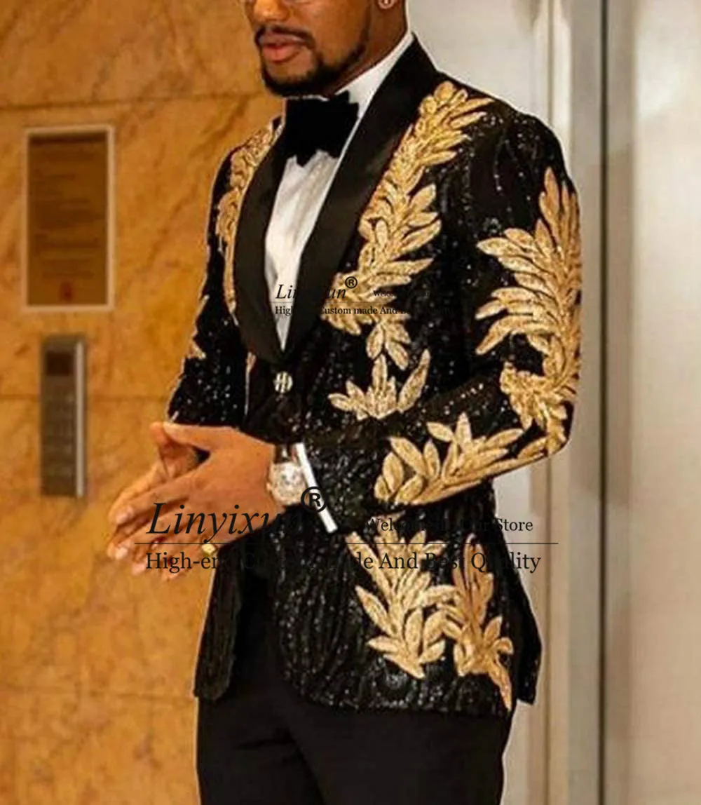 Slim Fit terno masculino Shiny Sequins Gold Applique Suits Men Prom Tuxedos Grooms Set 2 Pieces(Blazer+Pants) Costume Homme
Slim Fit terno masculino Shiny Sequins Gold Applique Suits Men Prom Tuxedos Grooms Set 2 Pieces(Blazer+Pants) Costume Homme
