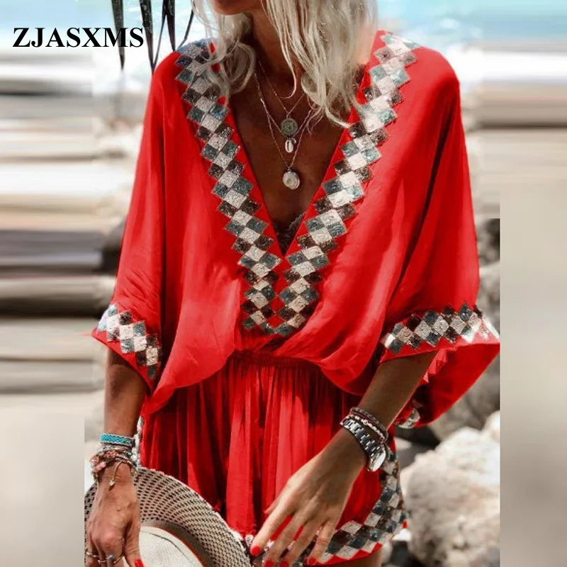 Ethnic Print Patchwork Elastic Waist Mini Dress Women Deep V Neck A-Line Boho Dress New Spring Summer Flare Sleeve Beach Dresses
Ethnic Print Patchwork Elastic Waist Mini Dress Women Deep V Neck A-Line Boho Dress New Spring Summer Flare Sleeve Beach Dresses