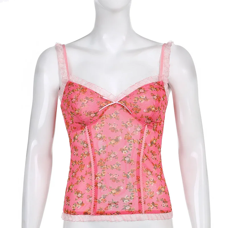 Floral Print Mesh Sheer Spaghetti Strap Cami Top Y2K Aesthetics Sweet Milkmaid Cropped Top 90s Vintage Pink Lace Trim Corset
Floral Print Mesh Sheer Spaghetti Strap Cami Top Y2K Aesthetics Sweet Milkmaid Cropped Top 90s Vintage Pink Lace Trim Corset