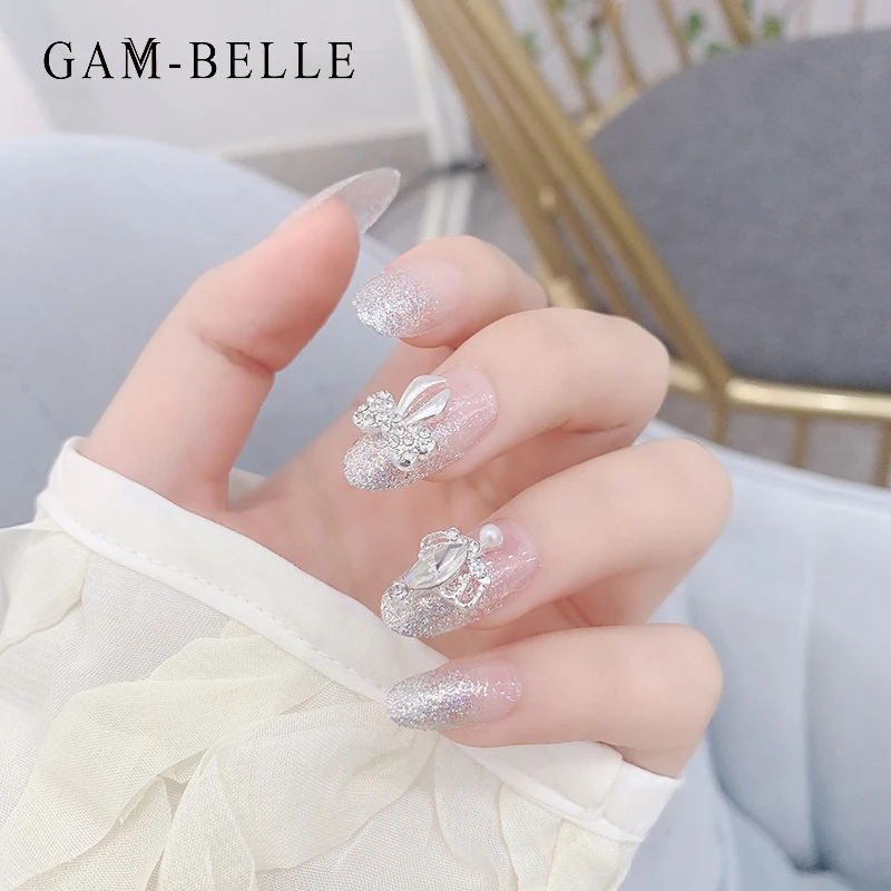 

GAM-BELLE 24 шт. накладные ногти, стразы, овальная форма, французский блеск, нажмите на ногти, полные искусственные Типсы для маникюра, инструмент