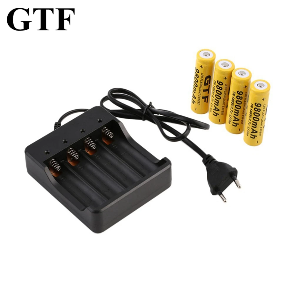 Gtf 4 pces 18650 3.7v 9800mah li-ion refillable battery + 1pc ue/eua battery charger for electronic flashlight product
Gtf 4 pces 18650 3.7v 9800mah li-ion refillable battery + 1pc ue/eua battery charger for electronic flashlight product