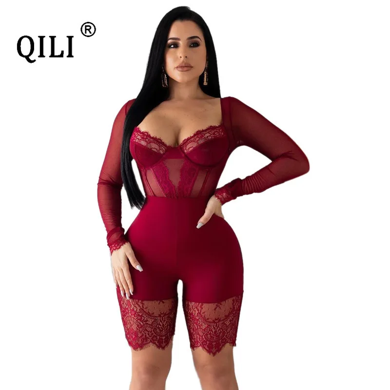 

QILI Club Sexy Rompers for Women Lace Long Sleeve Jumpsuits See Through Bodycon Rompers Skinny Jumpsuit Black Burgundy