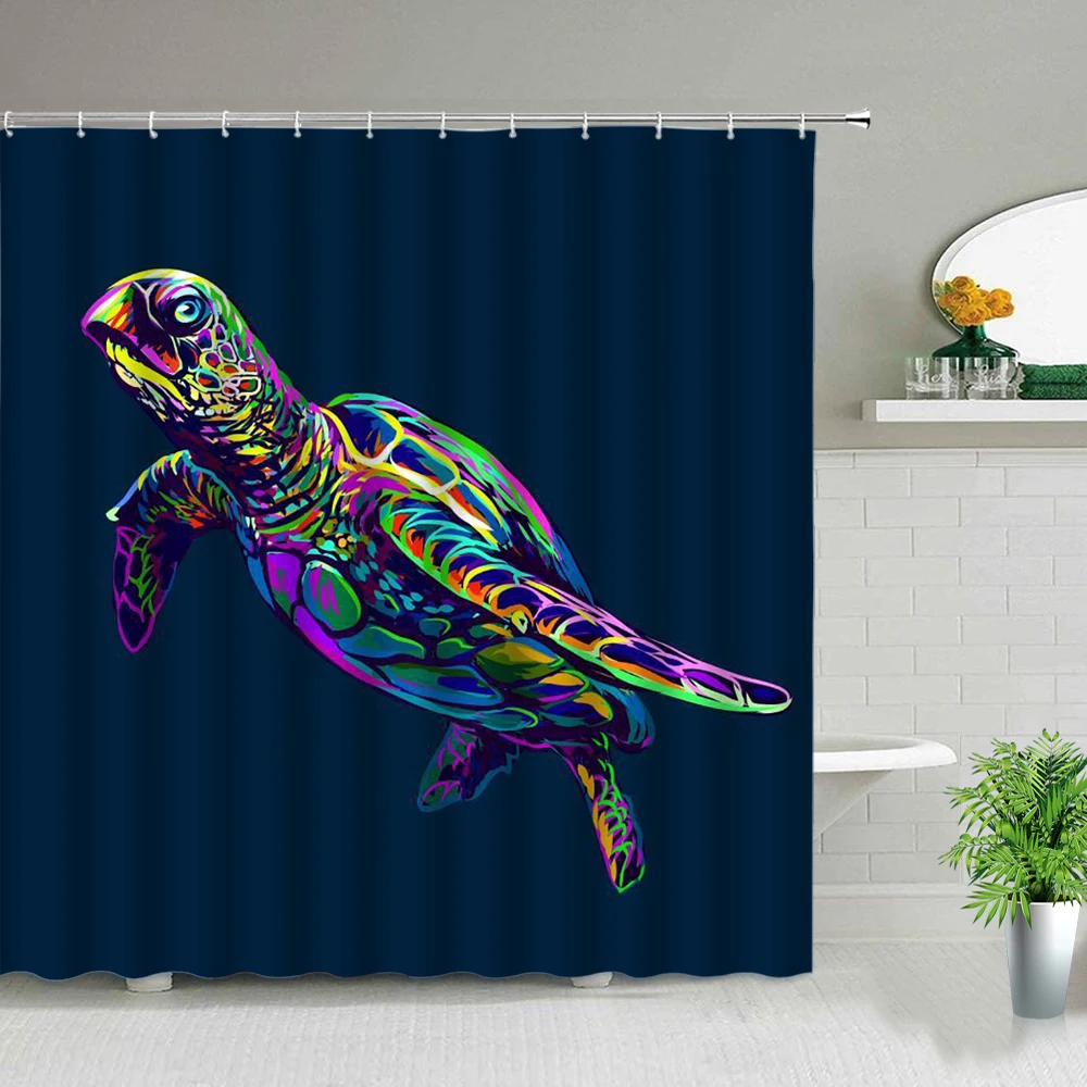 

Coloured Sea Turtle Shower Curtains Ocean Animal Printed Hanging Curtain Set Waterproof Fabric Home Bathroom Decor With Hooks