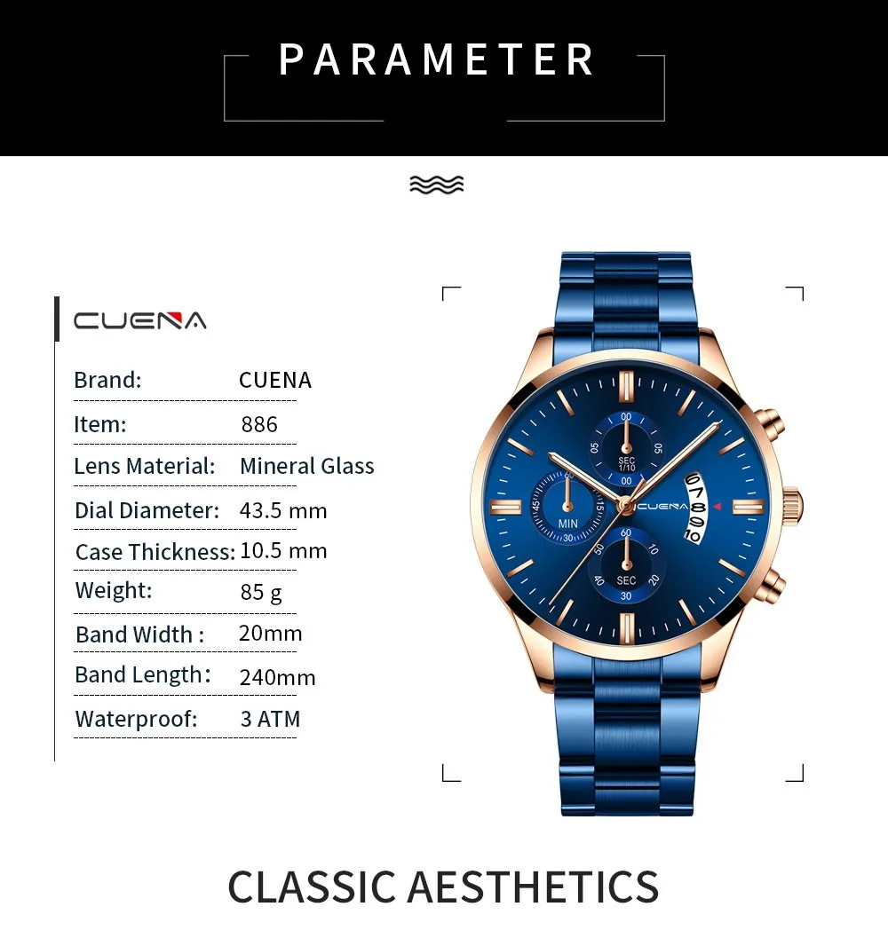 

2019 Hot Sell Cuena Men Watch Luxury Men's Stainless Steel Sport Quartz Watches Analog Date Hours Wrist Watch Relogio Masculino