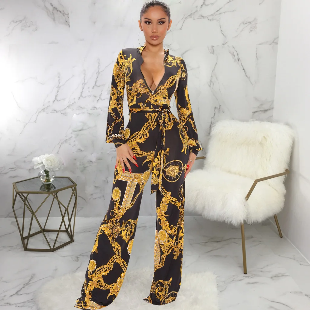 Women's Deep V-Neck Jumpsuits Office Lady Fashion Print Lace-up Jumpsuits Full Sleeve Autumn Rompers High Waist Wide Leg Pants
Women's Deep V-Neck Jumpsuits Office Lady Fashion Print Lace-up Jumpsuits Full Sleeve Autumn Rompers High Waist Wide Leg Pants