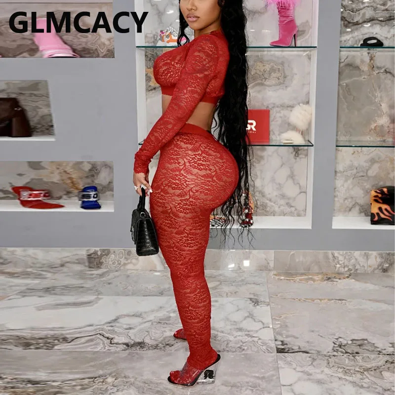 Women Two Piece Sexy Lace Suits Long Sleeve V Neck Crop Top & Skinny Long Pants Set
