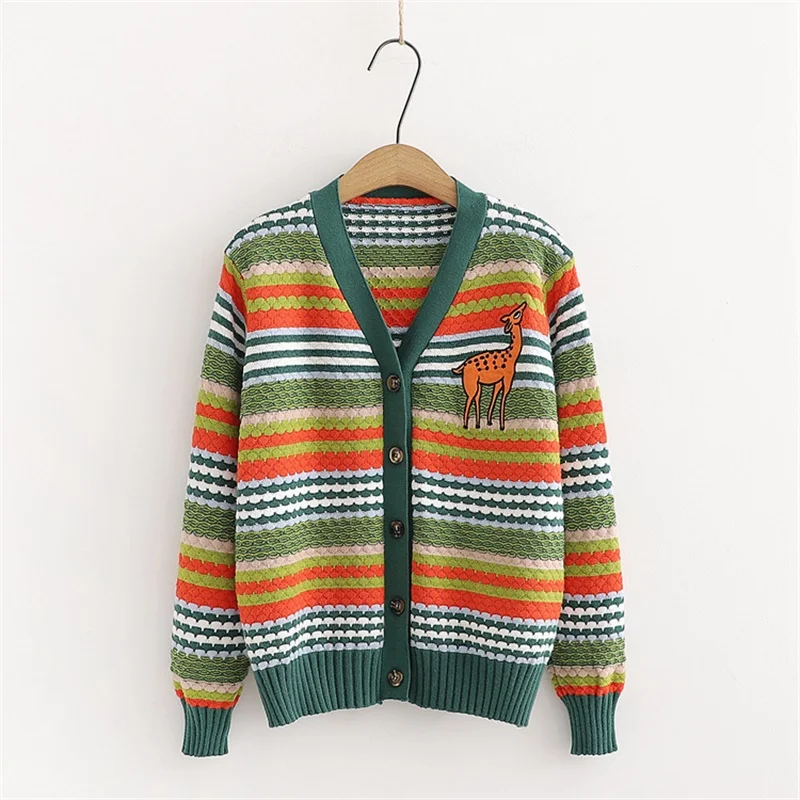 Women winter Autumn Ladies Knit Sweater Button Up Cardigan Top Qiukichonson Kawaii Giraffe Embroidery Rainbow Striped Cardigan 
Women winter Autumn Ladies Knit Sweater Button Up Cardigan Top Qiukichonson Kawaii Giraffe Embroidery Rainbow Striped Cardigan