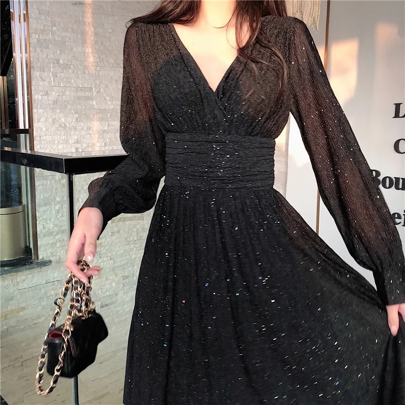 Retro Sexy Ladies Sequin Waist Long Skirt Pleated Fashion Temperament Casual Chiffon Long-sleeved Slim Elegant Dress Women 2022
Retro Sexy Ladies Sequin Waist Long Skirt Pleated Fashion Temperament Casual Chiffon Long-sleeved Slim Elegant Dress Women 2022