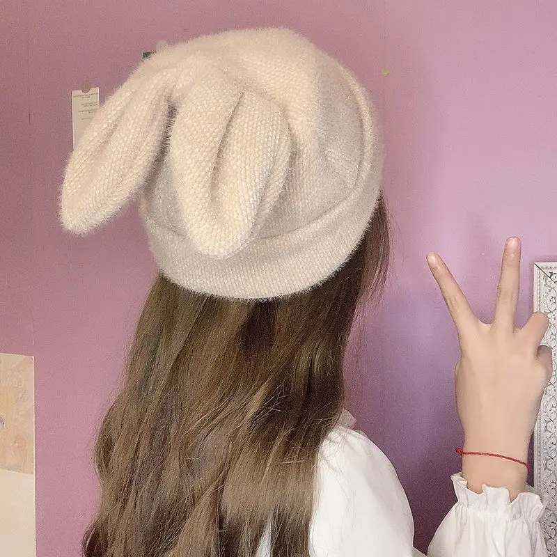 

Cute rabbit ears Women Hat Winter Warm Plus velvet Japanese style Kawaii chenille woolen cap Female Knitted hat