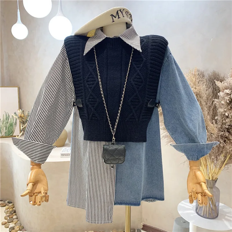 New Women's Clothing 2021 Autumn Winter Stripe stitched long sleeve denim shirt + knitted vest two piece set
New Women's Clothing 2021 Autumn Winter Stripe stitched long sleeve denim shirt + knitted vest two piece set