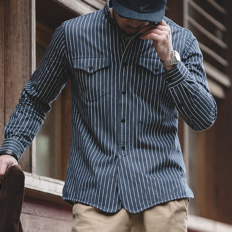Maden Men's Striped Shirts Fashion British Style Retro Long Sleeved Pocket Shirt Turn-down Collar Single-breasted Shirts Male
Maden Men's Striped Shirts Fashion British Style Retro Long Sleeved Pocket Shirt Turn-down Collar Single-breasted Shirts Male
