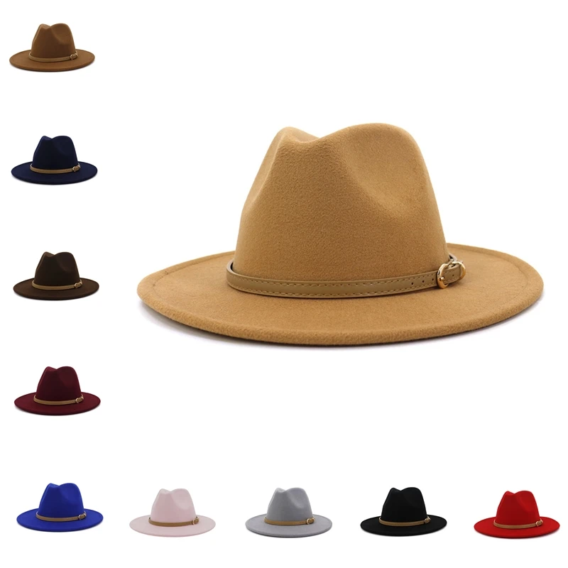 

Simple Unisex Wide Brim Wool Felt Jazz Hat Cap Men Women Flat Brim Wool Blend Fedora Hats Panama Trilby Vintage Hats