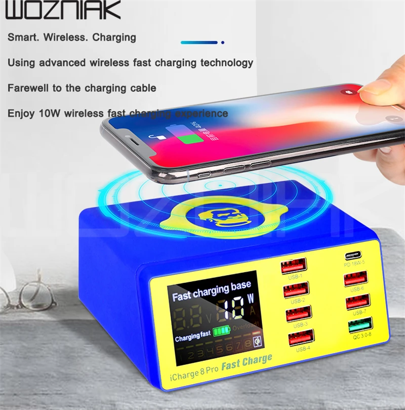 Беспроводная док-станция MECHANIC с ЖК-дисплеем и 8 USB-портами для быстрой зарядки QC 3 0