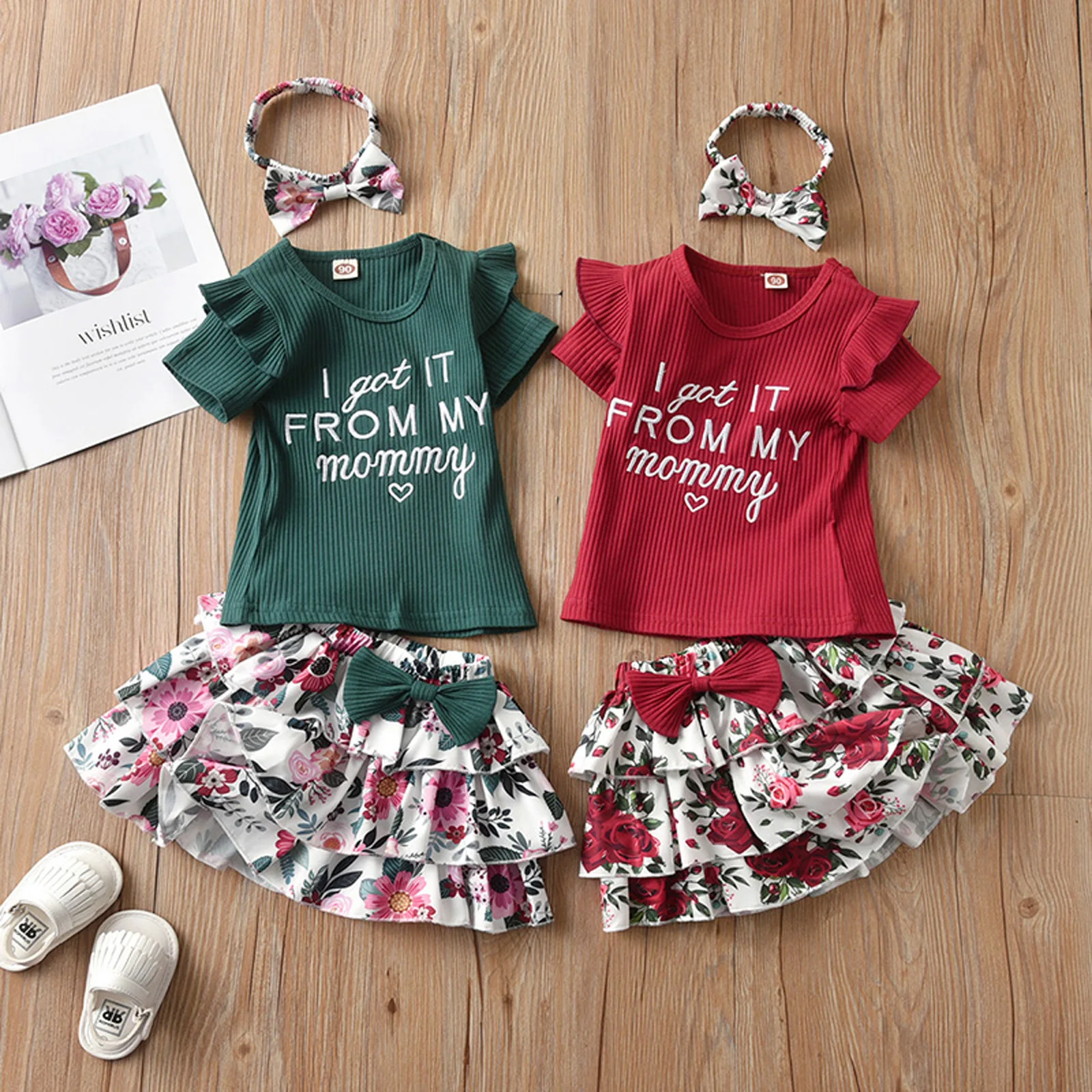 3 Pcs Baby Girls Summer Outfits, Ribbed Letter Print Fly Sleeve Round Neck T-shirt + Floral Tiered Skirt with Bowknot + Headband
3 Pcs Baby Girls Summer Outfits, Ribbed Letter Print Fly Sleeve Round Neck T-shirt + Floral Tiered Skirt with Bowknot + Headband