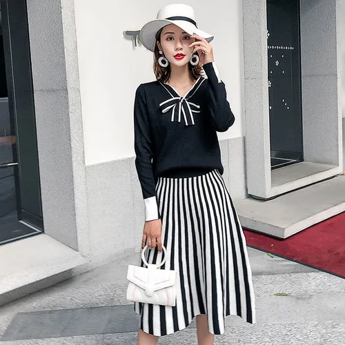 

autumn winter large size women long sleeve Pullover Knitted Sweater top + green stripe knitting skirt 2 piece suit set cy010