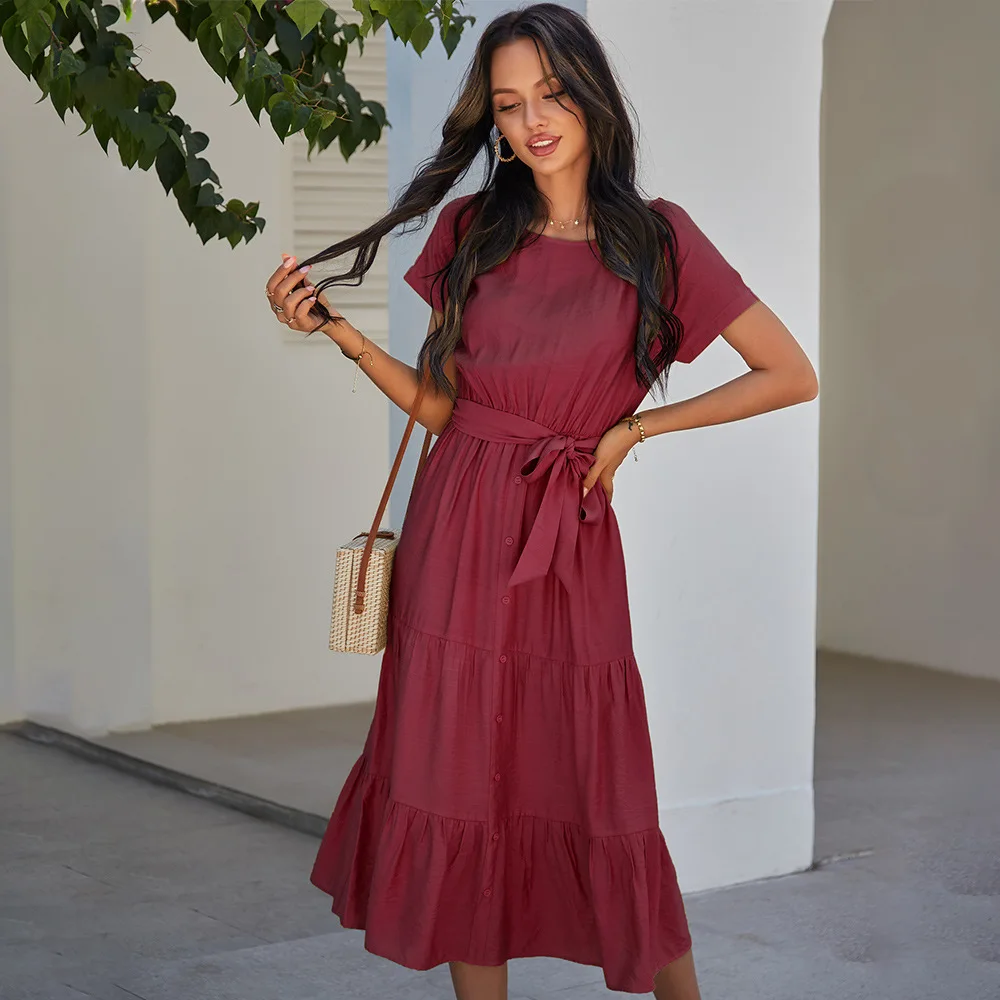 Women's Dress 2021 Spring And Summer Short-sleeved Round Neck Waist Simple Pure Color Lace-up Single-breasted Dress Women 
Women's Dress 2021 Spring And Summer Short-sleeved Round Neck Waist Simple Pure Color Lace-up Single-breasted Dress Women