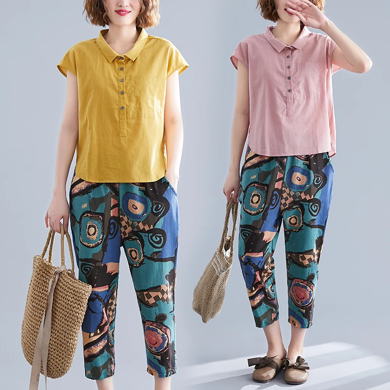 Summer 2 Piece Set Women Turn-Down Collar Short Sleeve TShirts + Cotton Linen Printing Loose Pants Suit Female Two-piece Suit
Summer 2 Piece Set Women Turn-Down Collar Short Sleeve TShirts + Cotton Linen Printing Loose Pants Suit Female Two-piece Suit