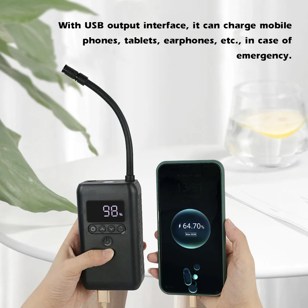 150PSI Mini Air Pump Tire Inflator Handheld Rechargeable Pump Power Bank with Digital Display LED Light Auto-Off Function
150PSI Mini Air Pump Tire Inflator Handheld Rechargeable Pump Power Bank with Digital Display LED Light Auto-Off Function