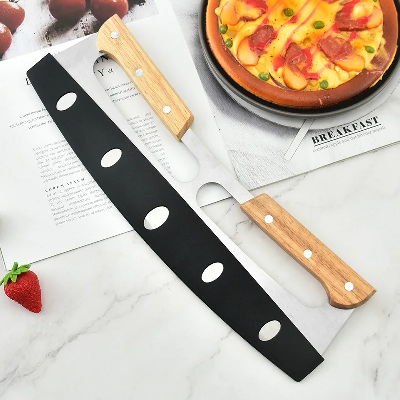 

Pizza Knife Two-handle Pizza Cutter with Wooden Handle Semicircular Pizza Rock Knife Stainless Steel Pizza Cutter Pizza Tools