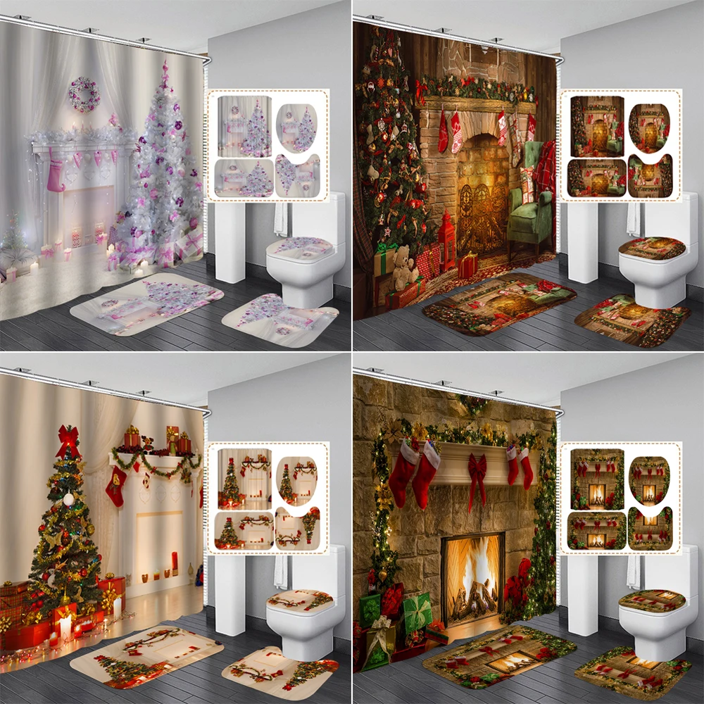 

Merry Christmas Shower Curtain Fireplace Bathroom Curtains Anti Slip Pedestal Rug Lid Toilet Cover Bath Mat Set Festival Decor