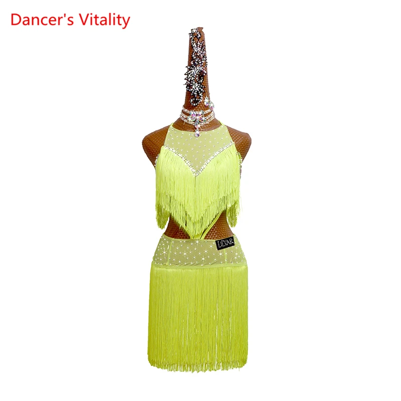 

Платье для латинских танцев, без рукавов, с открытой спиной и бахромой