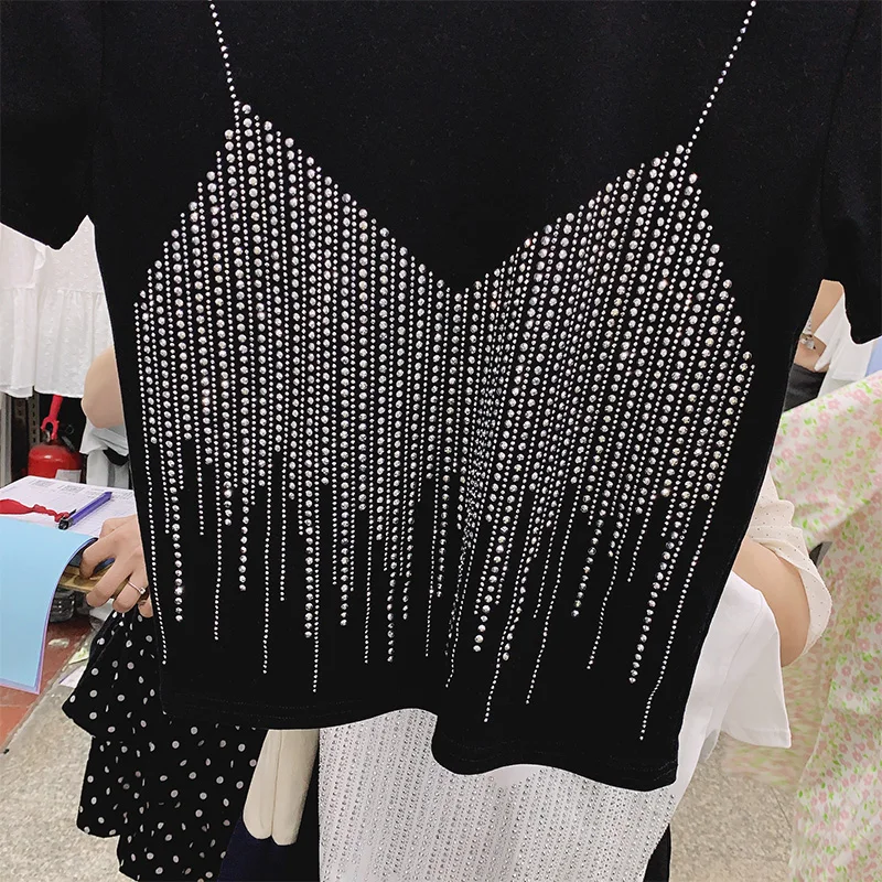 ZAWAHIKI Korean Personality Fashion Design T-Shirts Women Summer Heavy Diamonds O Neck Short Sleeve Tops Casual Short T-Shirts 
ZAWAHIKI Korean Personality Fashion Design T-Shirts Women Summer Heavy Diamonds O Neck Short Sleeve Tops Casual Short T-Shirts