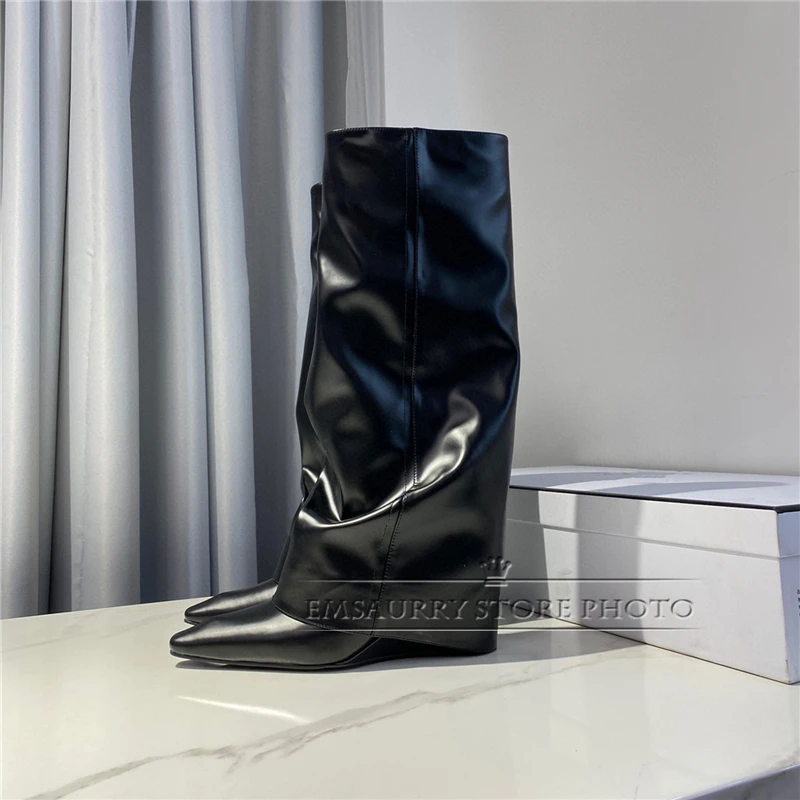 Black Genuine Leather Knee-High Boots Women Sexy Point Toe Side Zip Runway Botas High Wedges Turn-Up Winter Booties
Black Genuine Leather Knee-High Boots Women Sexy Point Toe Side Zip Runway Botas High Wedges Turn-Up Winter Booties