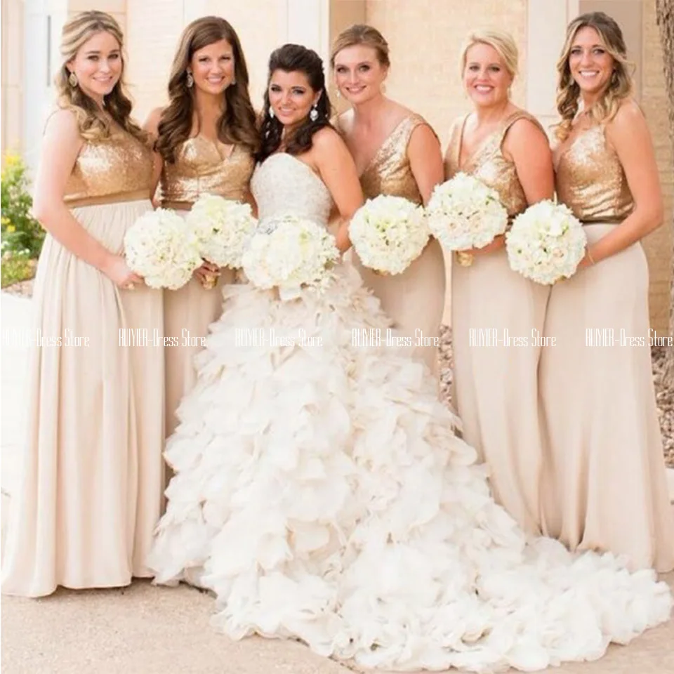 V Neck Gold Sequin Top Bridesmaid Dresses A Line Chiffon Wedding Party Dress Zipper Up Back Maid Of Honor Gowns Vestido De Gala
V Neck Gold Sequin Top Bridesmaid Dresses A Line Chiffon Wedding Party Dress Zipper Up Back Maid Of Honor Gowns Vestido De Gala