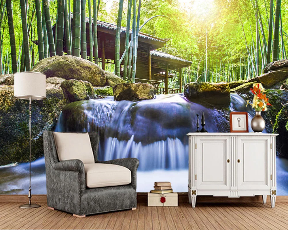 

Bamboo Forest Waterfall nature 3d wallpaper papel de parede,living room sofa TV wall bedroom wall papers home decor mural